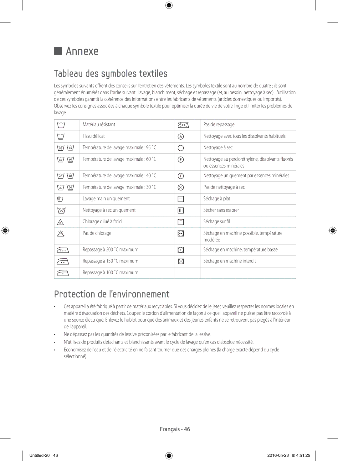 Samsung WD12F9C9U4W/EF manual Annexe, Tableau des symboles textiles, Protection de l’environnement 