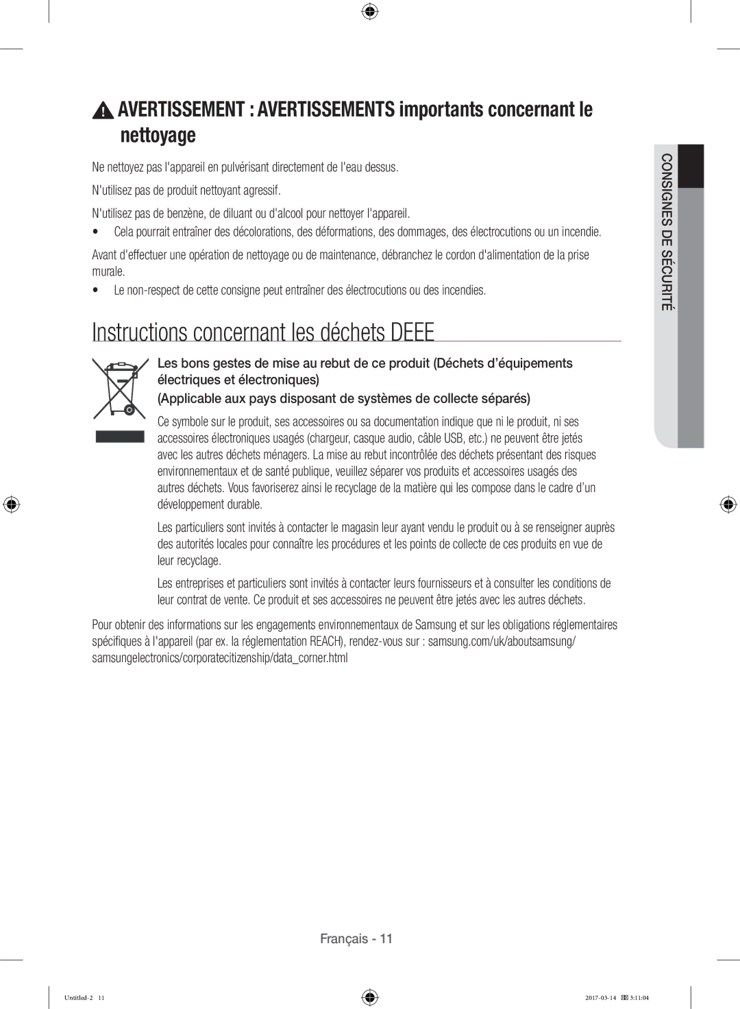 Samsung WD12J8400GW/EF manual Instructions concernant les déchets Deee 