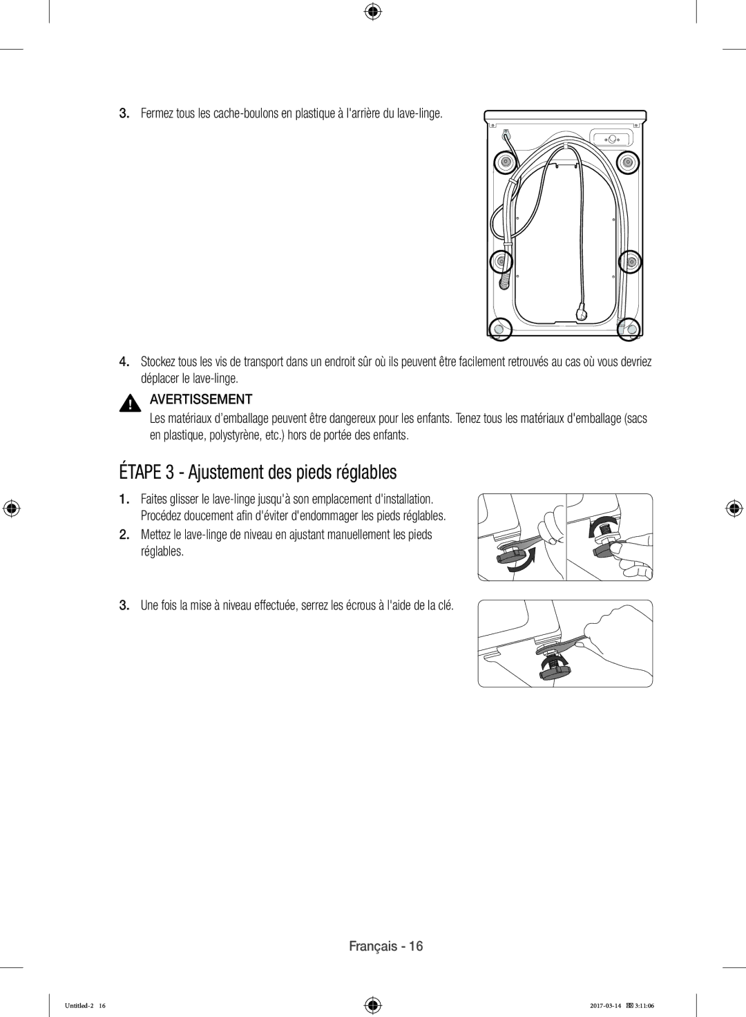 Samsung WD12J8400GW/EF manual Étape 3 Ajustement des pieds réglables 