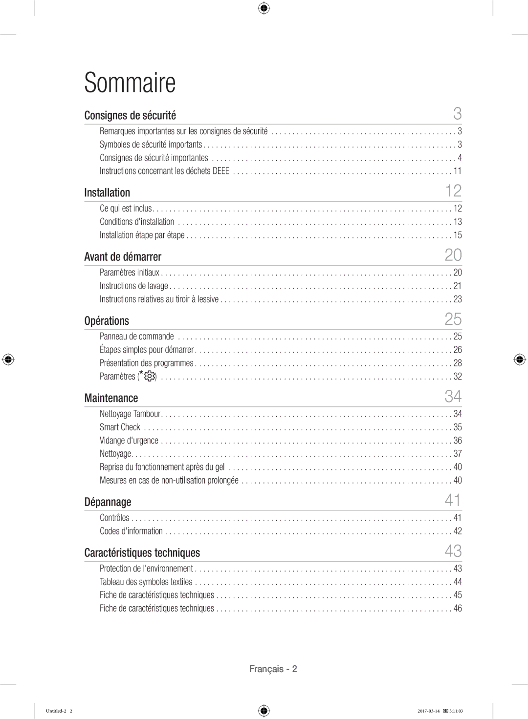 Samsung WD12J8400GW/EF manual Sommaire, Consignes de sécurité 