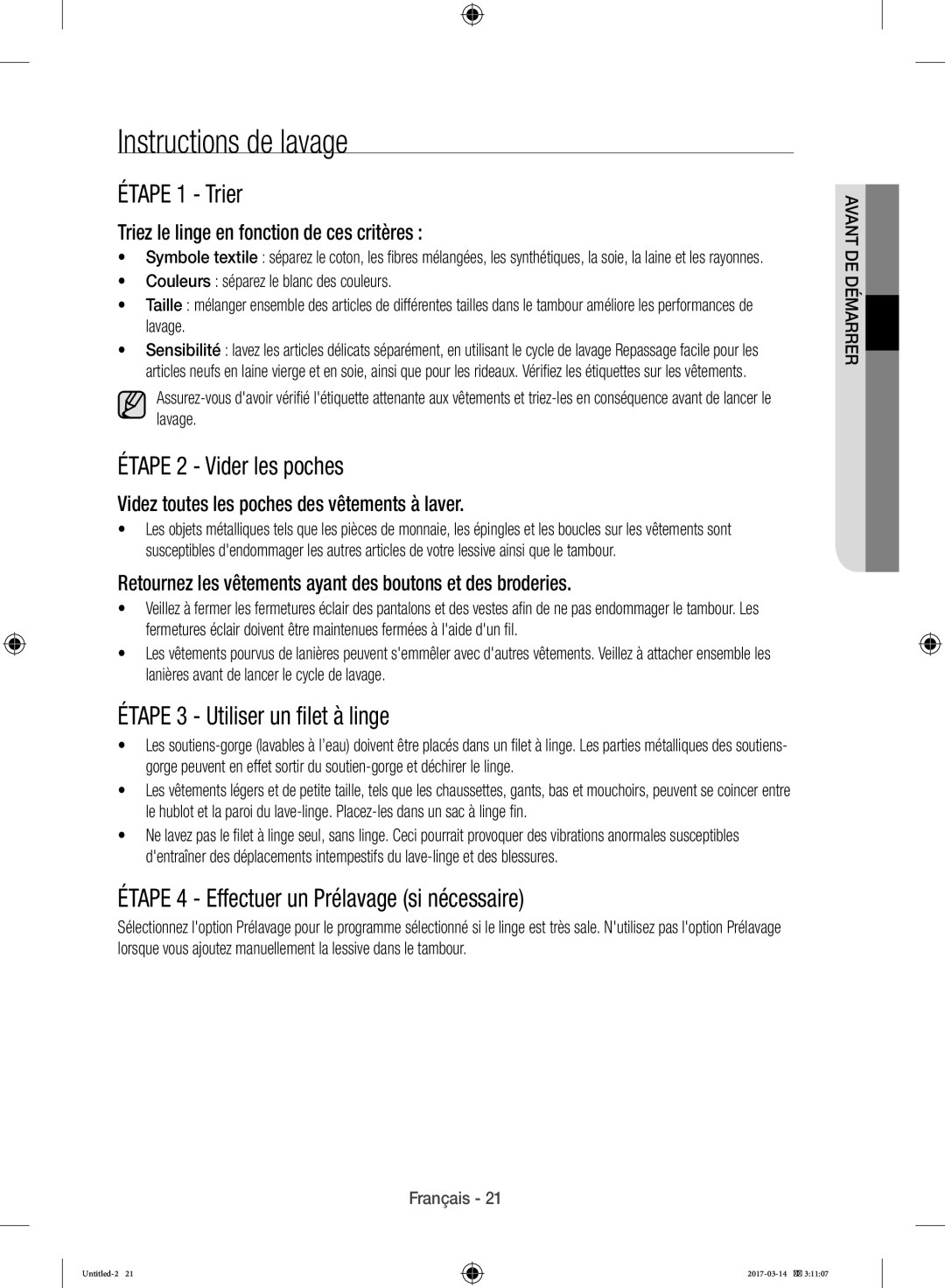 Samsung WD12J8400GW/EF Instructions de lavage, Étape 1 Trier, Étape 2 Vider les poches, Étape 3 Utiliser un filet à linge 