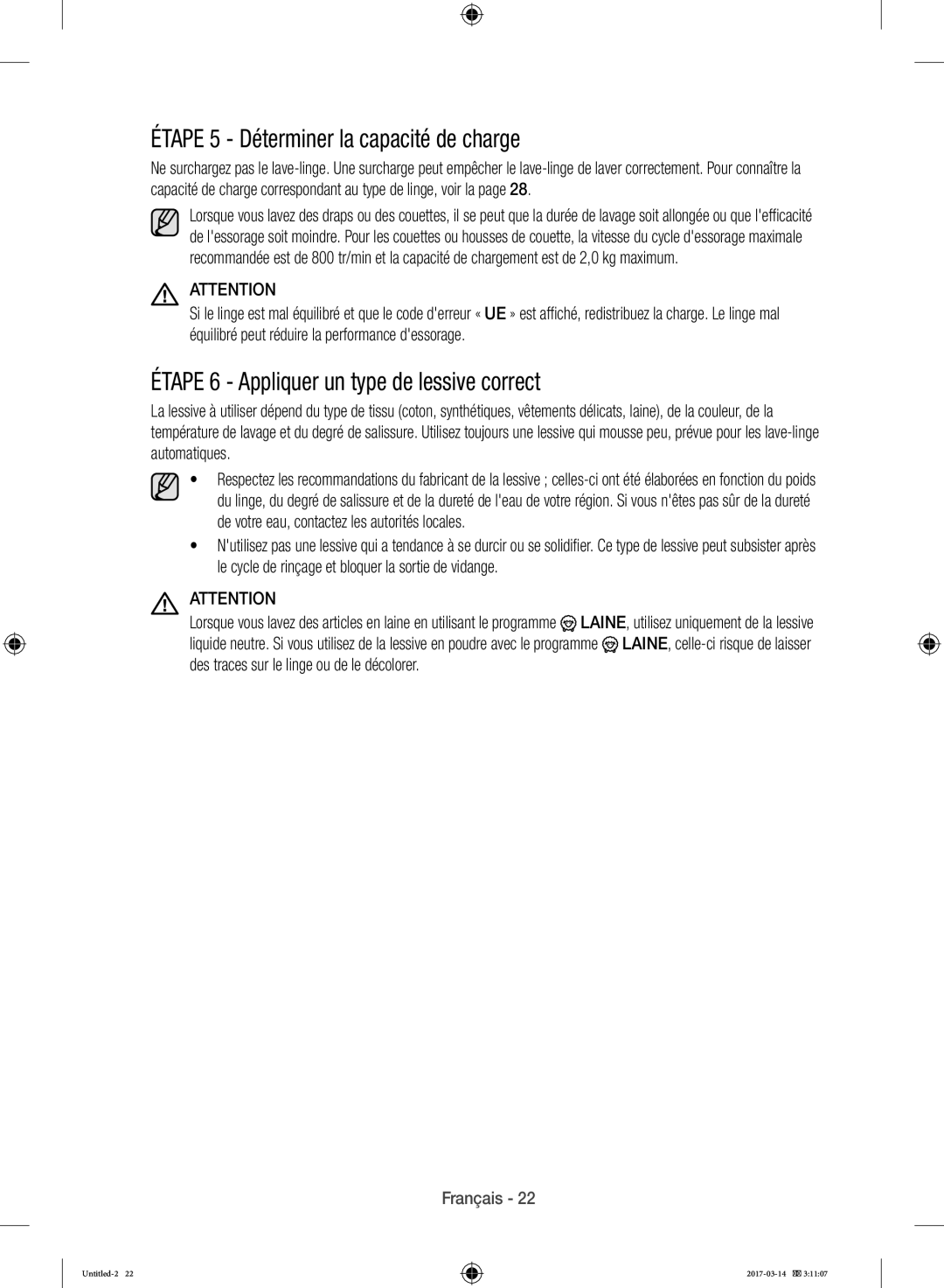 Samsung WD12J8400GW/EF manual Étape 5 Déterminer la capacité de charge, Étape 6 Appliquer un type de lessive correct 