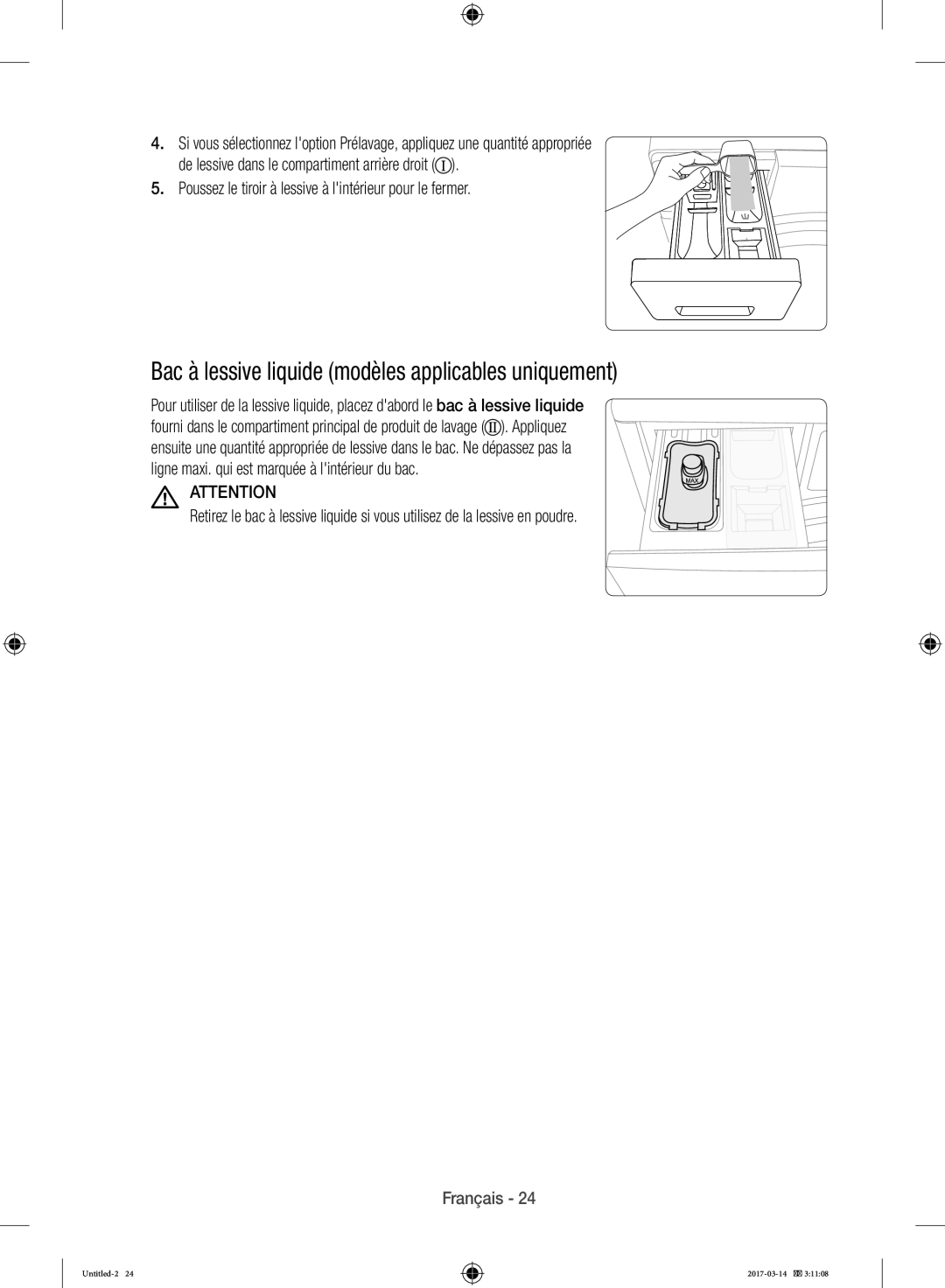 Samsung WD12J8400GW/EF manual Bac à lessive liquide modèles applicables uniquement 