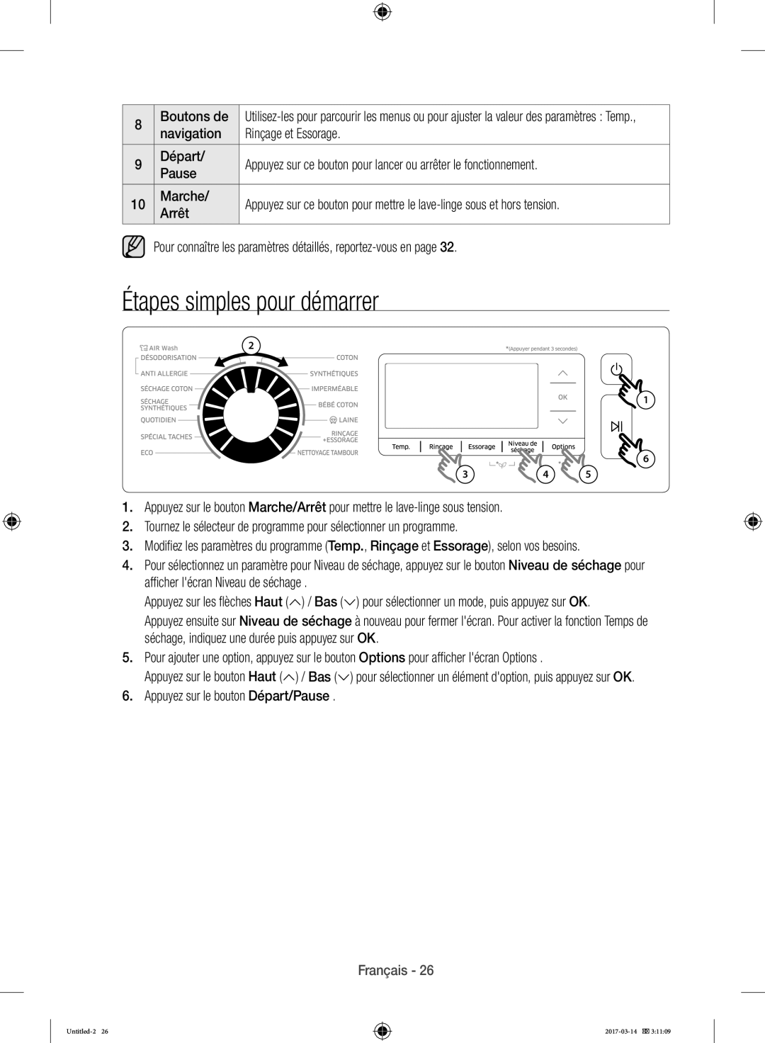 Samsung WD12J8400GW/EF manual Étapes simples pour démarrer, Appuyez sur le bouton Départ/Pause 