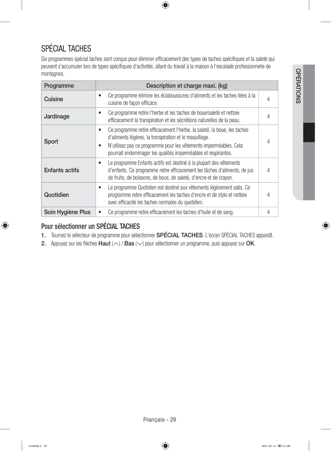 Samsung WD12J8400GW/EF Programme Description et charge maxi. kg Cuisine, Cuisine de façon efficace Jardinage, Quotidien 