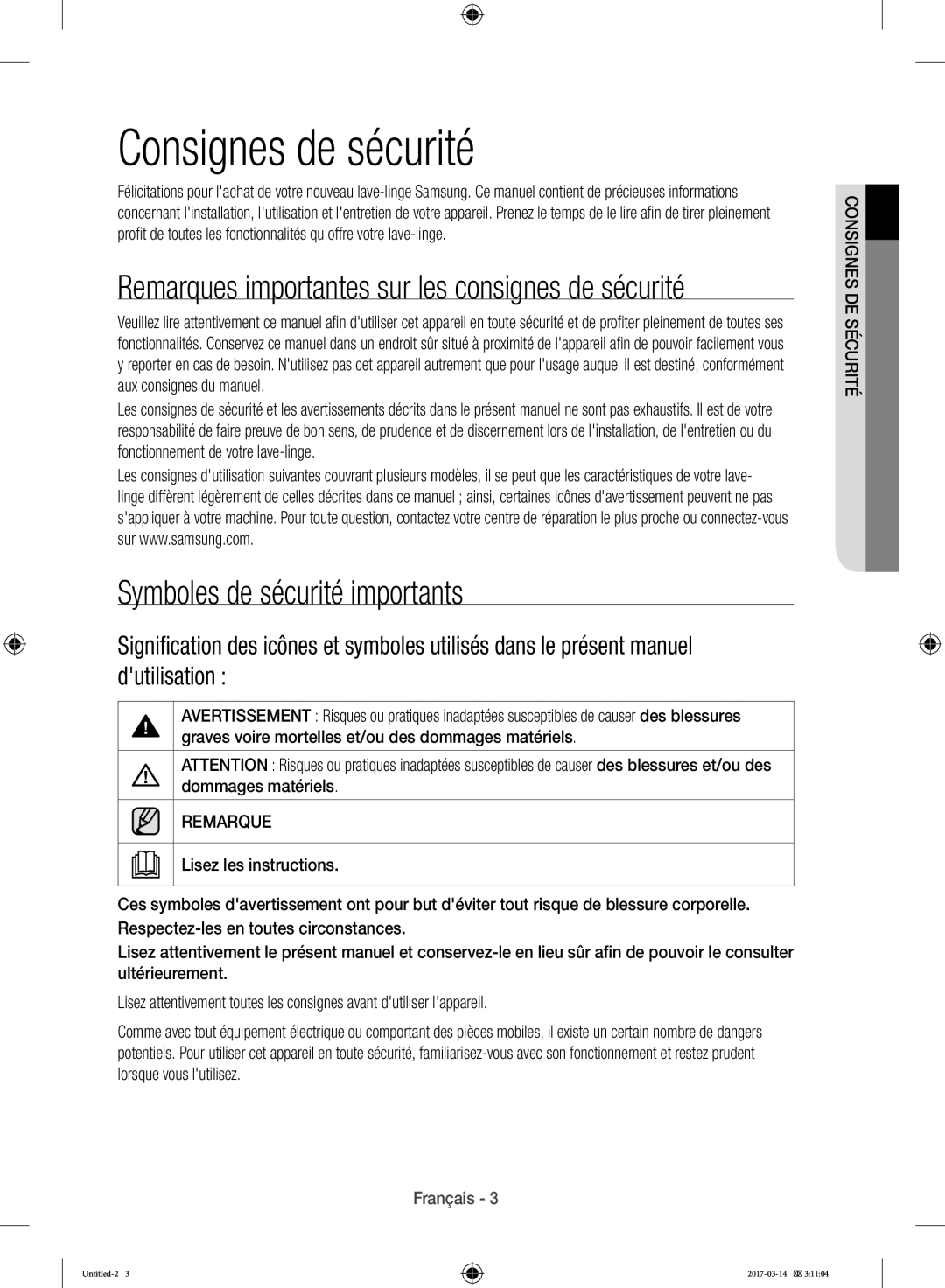 Samsung WD12J8400GW/EF manual Consignes de sécurité, Symboles de sécurité importants 