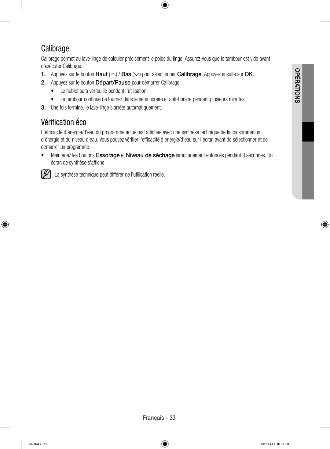 Samsung WD12J8400GW/EF manual Calibrage, Vérification éco 