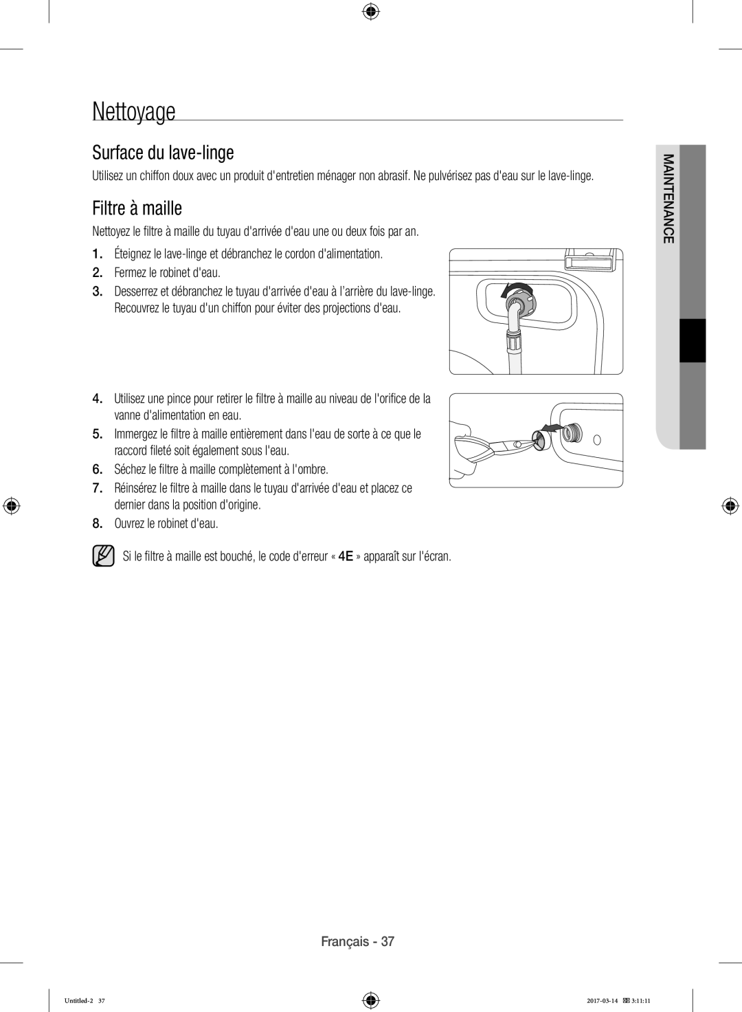 Samsung WD12J8400GW/EF Nettoyage, Surface du lave-linge, Filtre à maille, Séchez le filtre à maille complètement à lombre 