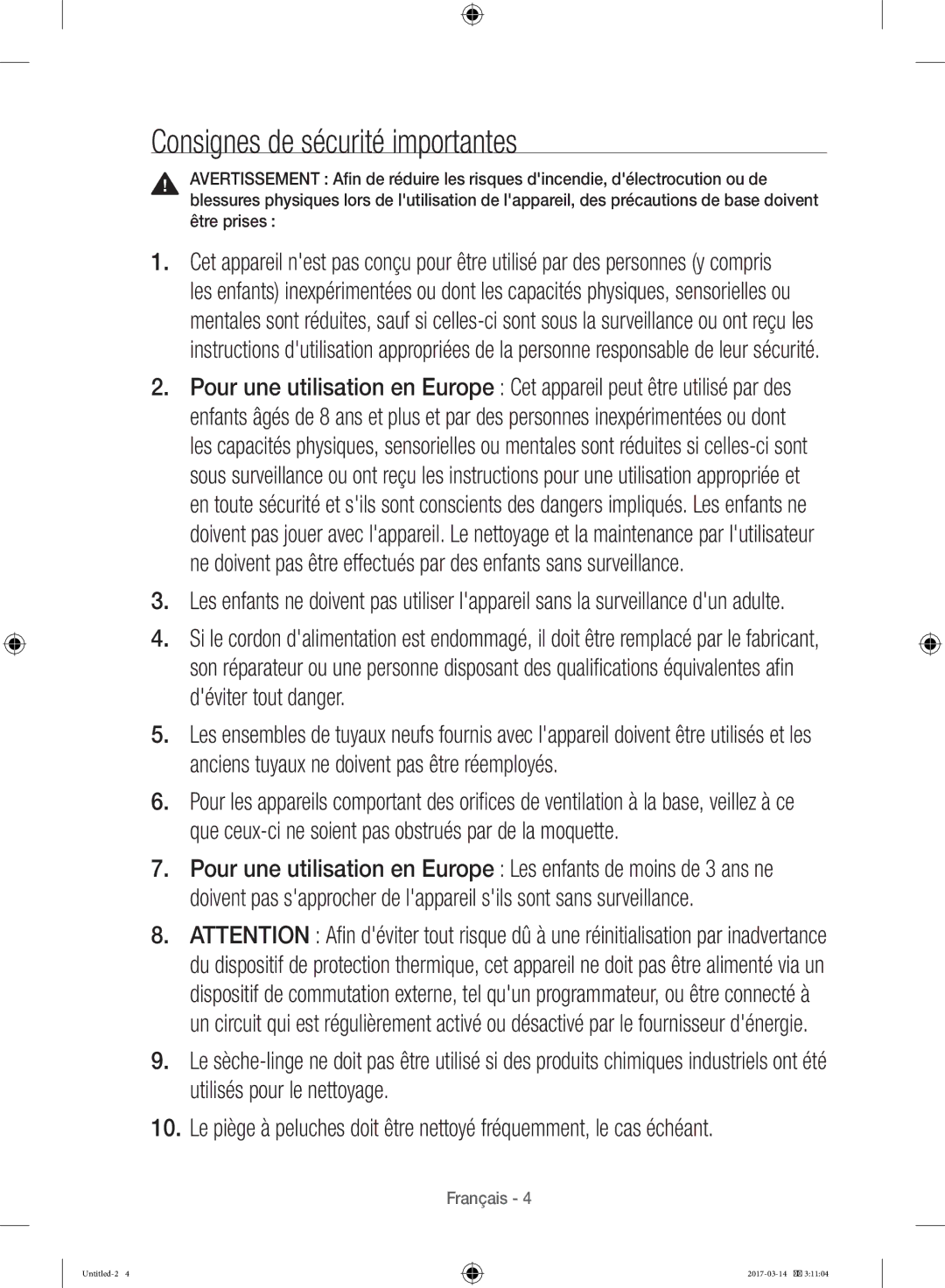 Samsung WD12J8400GW/EF manual Consignes de sécurité importantes 