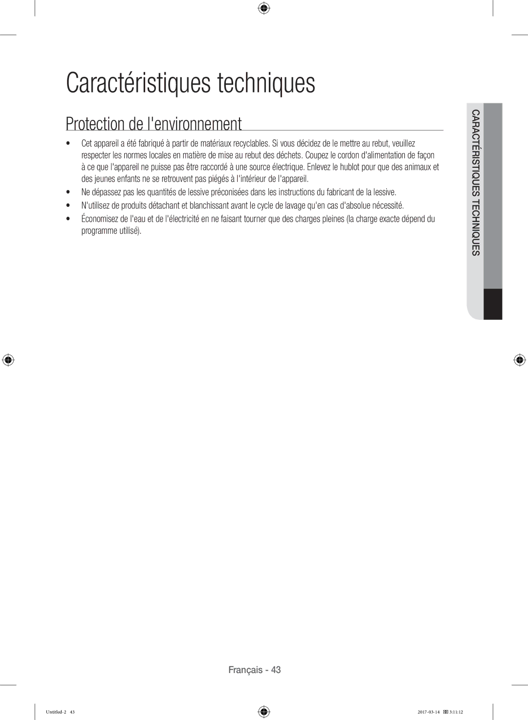 Samsung WD12J8400GW/EF manual Caractéristiques techniques, Protection de lenvironnement 