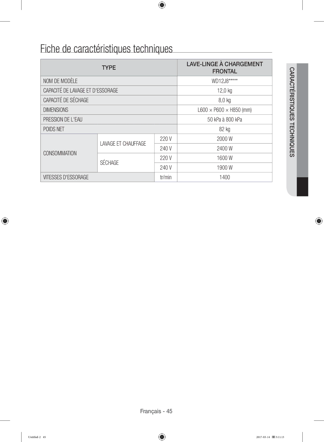 Samsung WD12J8400GW/EF manual Fiche de caractéristiques techniques, 220, 240, Tr/min 1400 