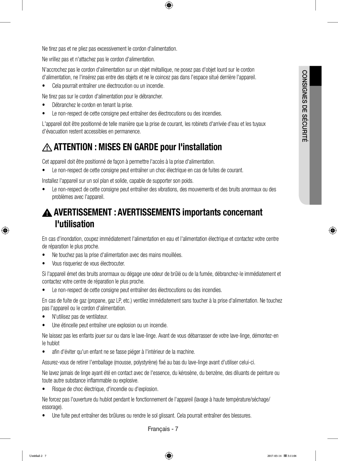 Samsung WD12J8400GW/EF manual Consignes DE Sécurité 