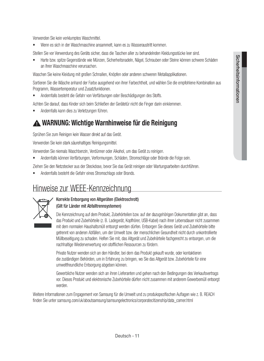 Samsung WD12J8400GW/EG manual Hinweise zur WEEE-Kennzeichnung, Andernfalls kann dies zu Verletzungen führen 