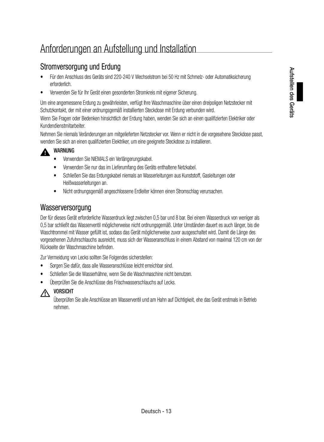 Samsung WD12J8400GW/EG manual Anforderungen an Aufstellung und Installation, Stromversorgung und Erdung, Wasserversorgung 