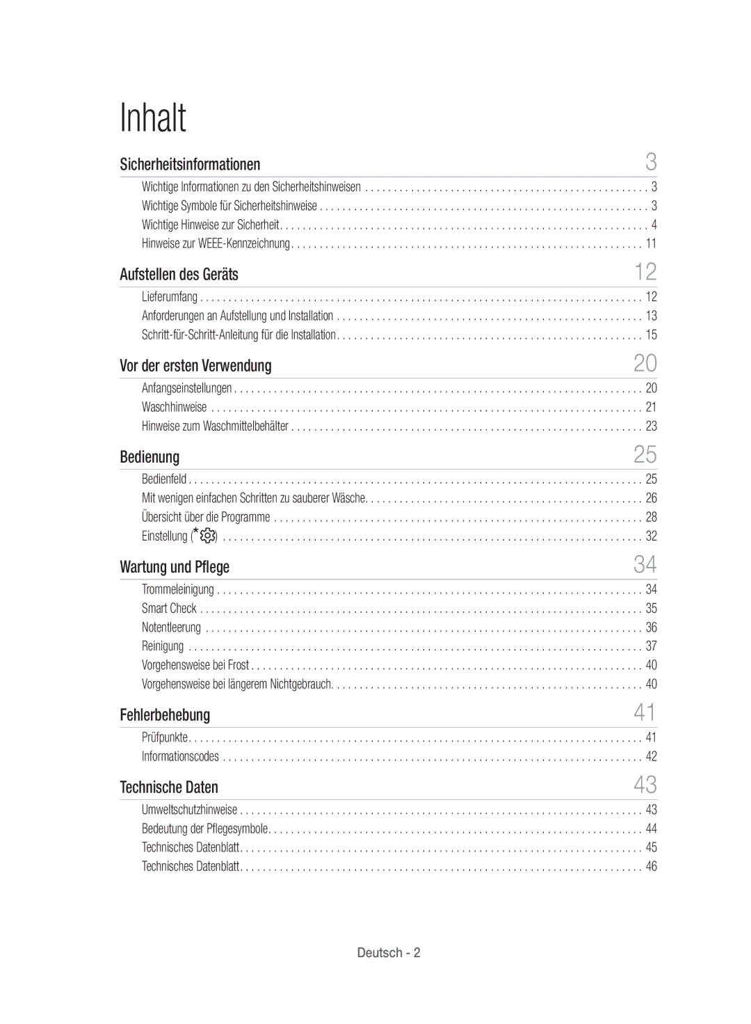 Samsung WD12J8400GW/EG manual Inhalt, Sicherheitsinformationen 