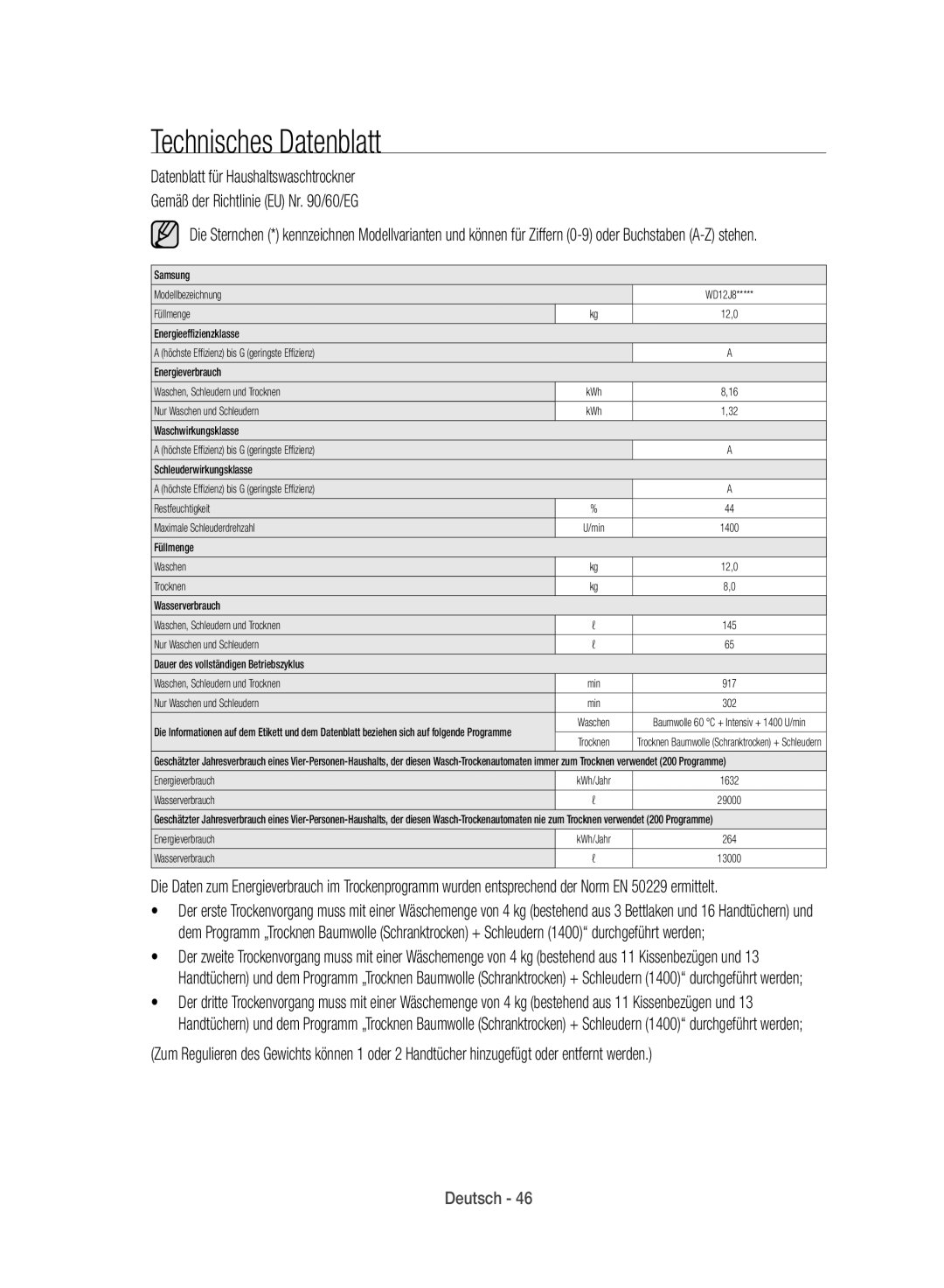 Samsung WD12J8400GW/EG manual Samsung Modellbezeichnung WD12J8 Füllmenge 