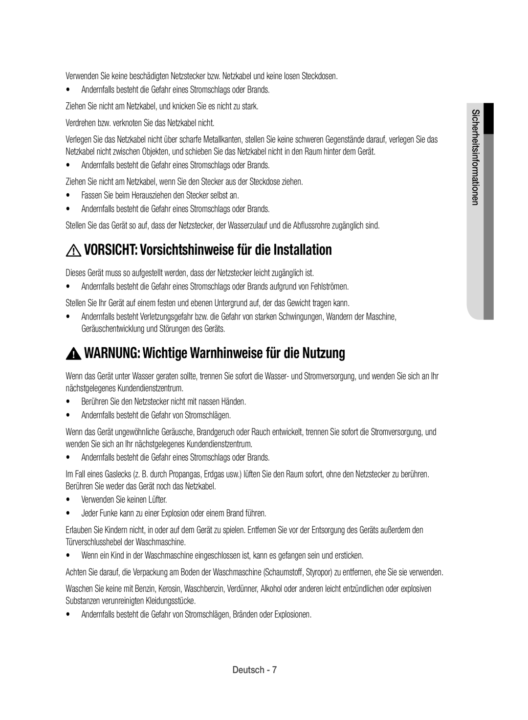 Samsung WD12J8400GW/EG manual Vorsicht Vorsichtshinweise für die Installation 