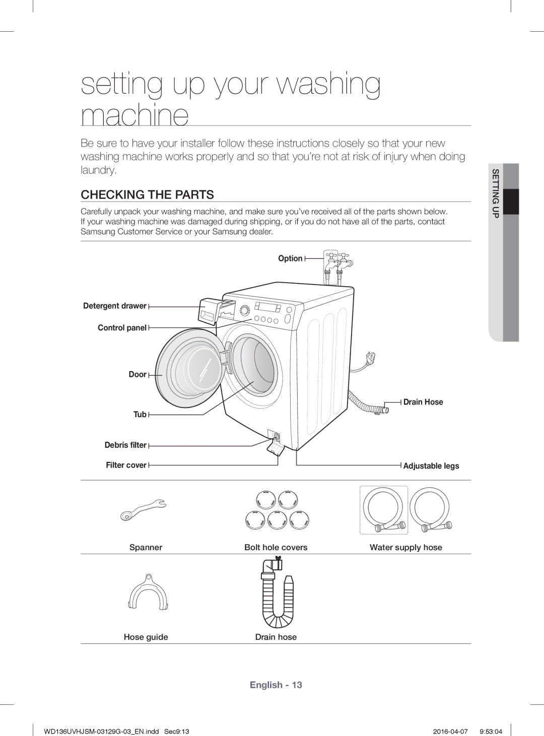 Samsung WD136UVHJSM/YL manual Checking the Parts, Option, Control panel Door Drain Hose Tub Debris ﬁlter Filter cover 