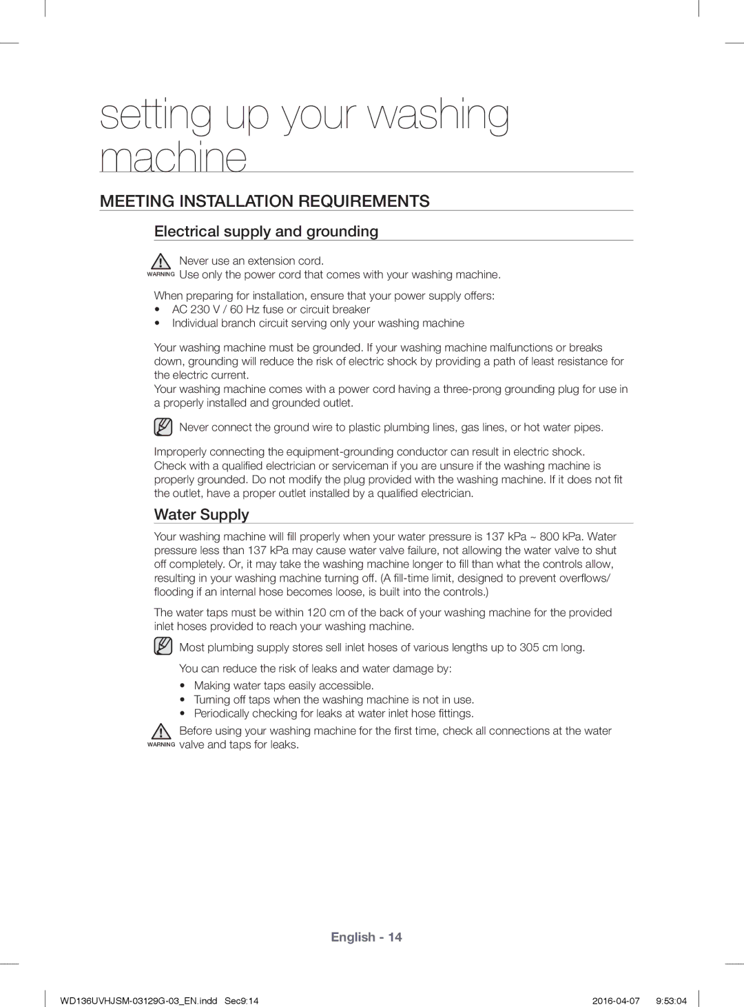 Samsung WD136UVHJSM/YL manual Meeting Installation Requirements, Electrical supply and grounding, Water Supply 