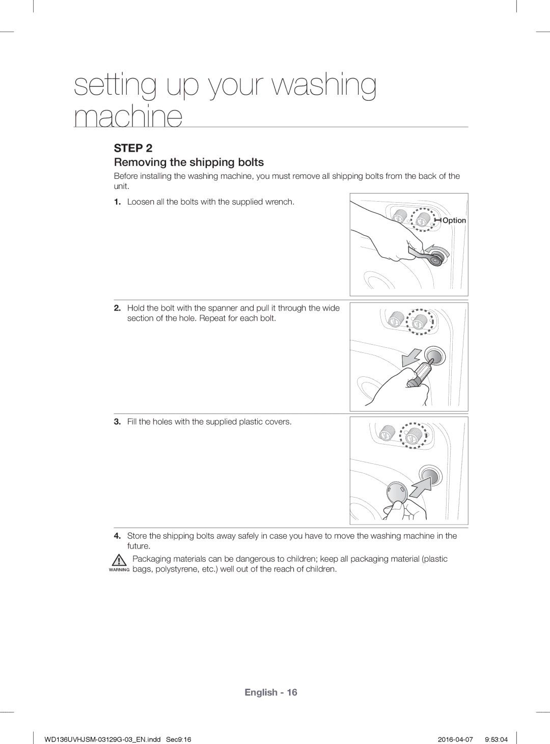 Samsung WD136UVHJSM/YL manual Removing the shipping bolts 