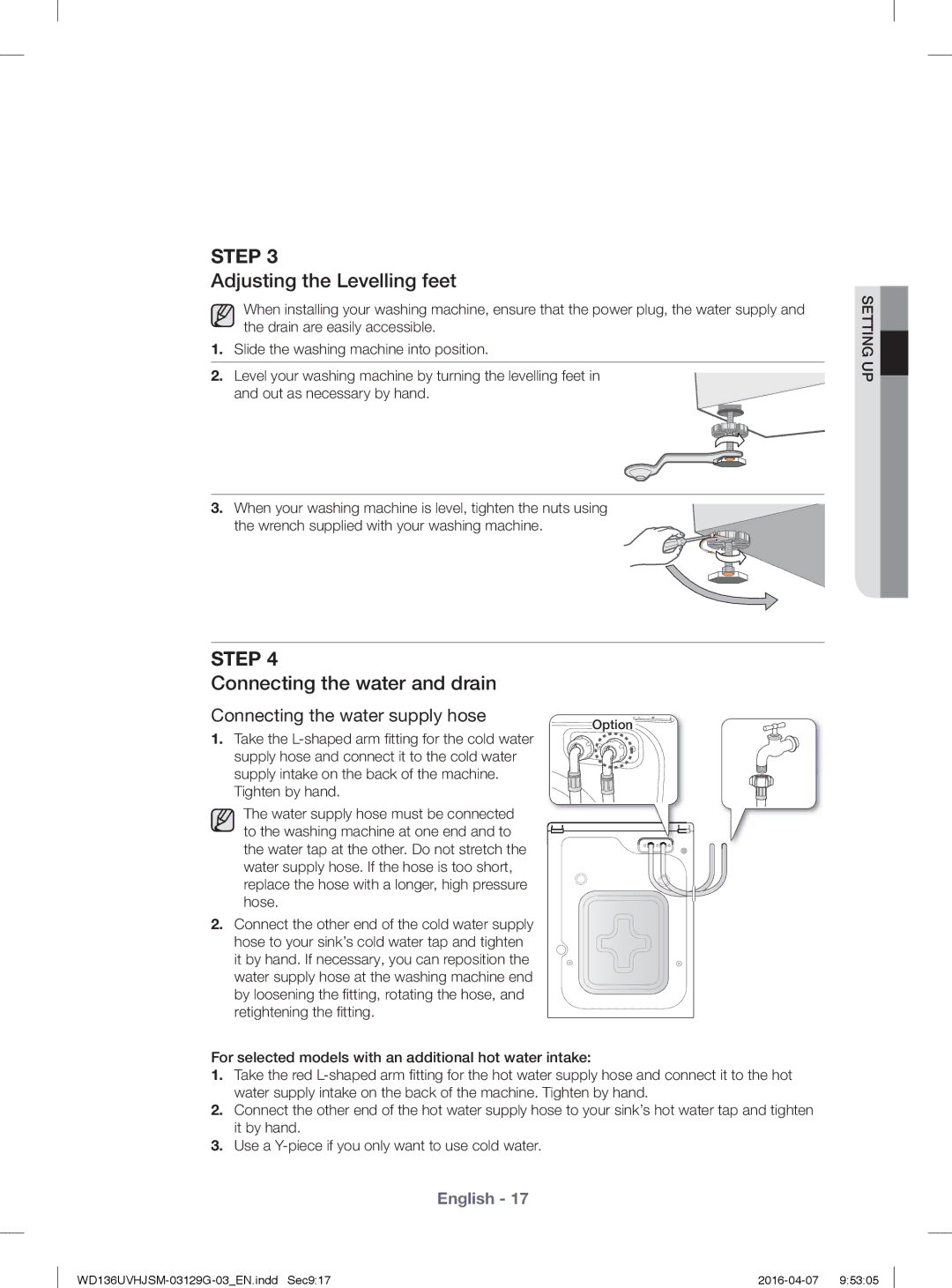 Samsung WD136UVHJSM/YL manual Adjusting the Levelling feet, Connecting the water and drain 