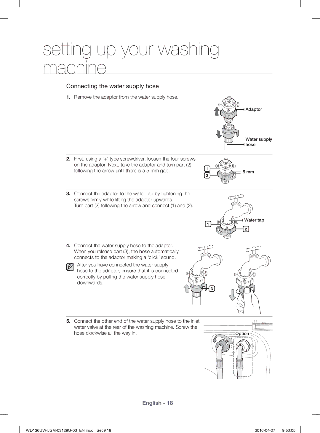 Samsung WD136UVHJSM/YL manual Remove the adaptor from the water supply hose, Following the arrow until there is a 5 mm gap 