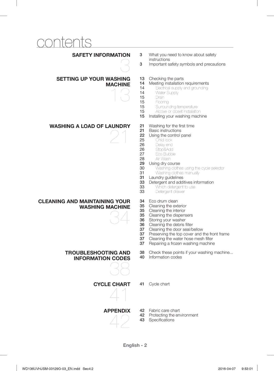 Samsung WD136UVHJSM/YL manual Contents 