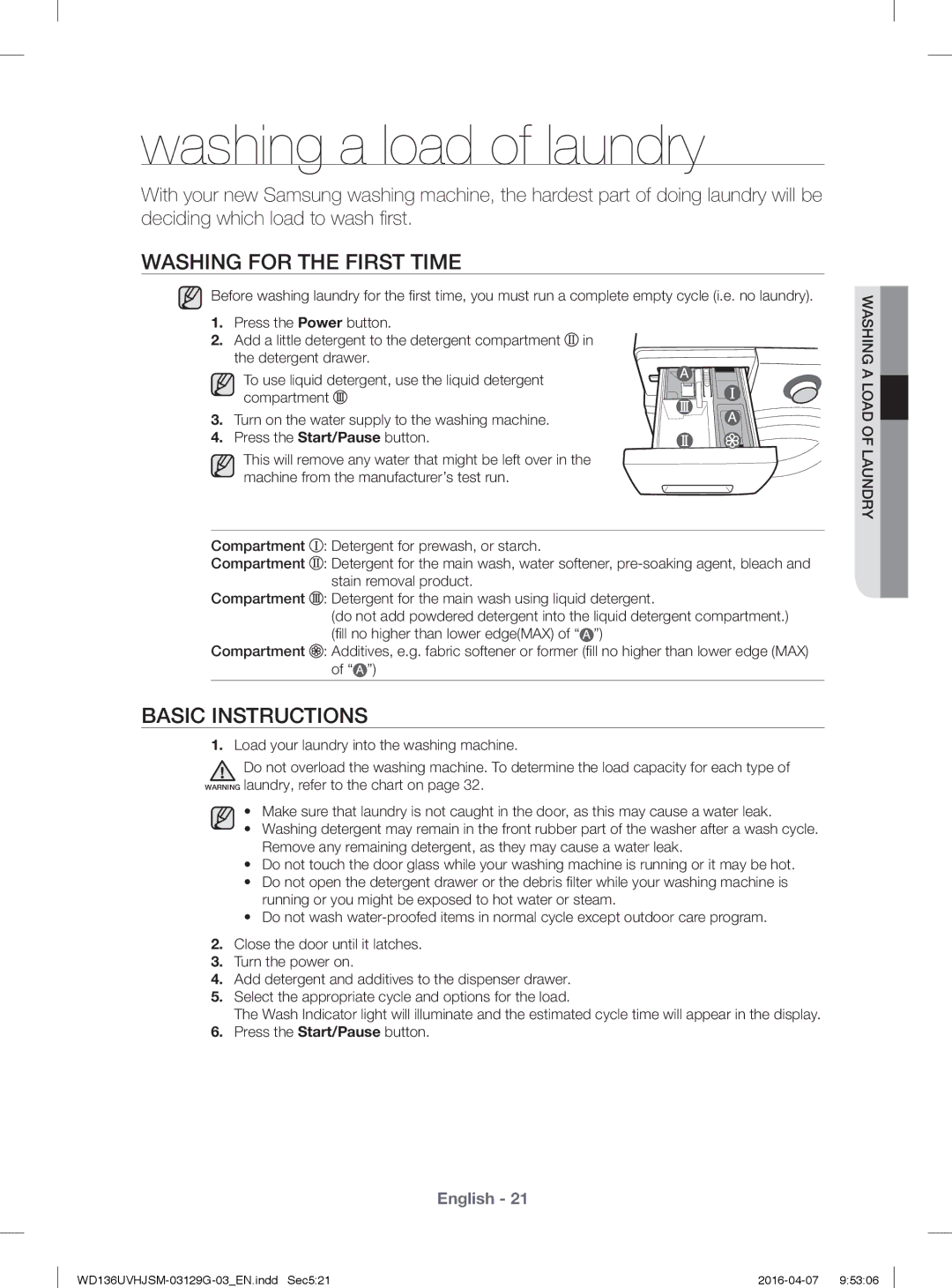 Samsung WD136UVHJSM/YL manual Washing for the First Time, Basic Instructions 