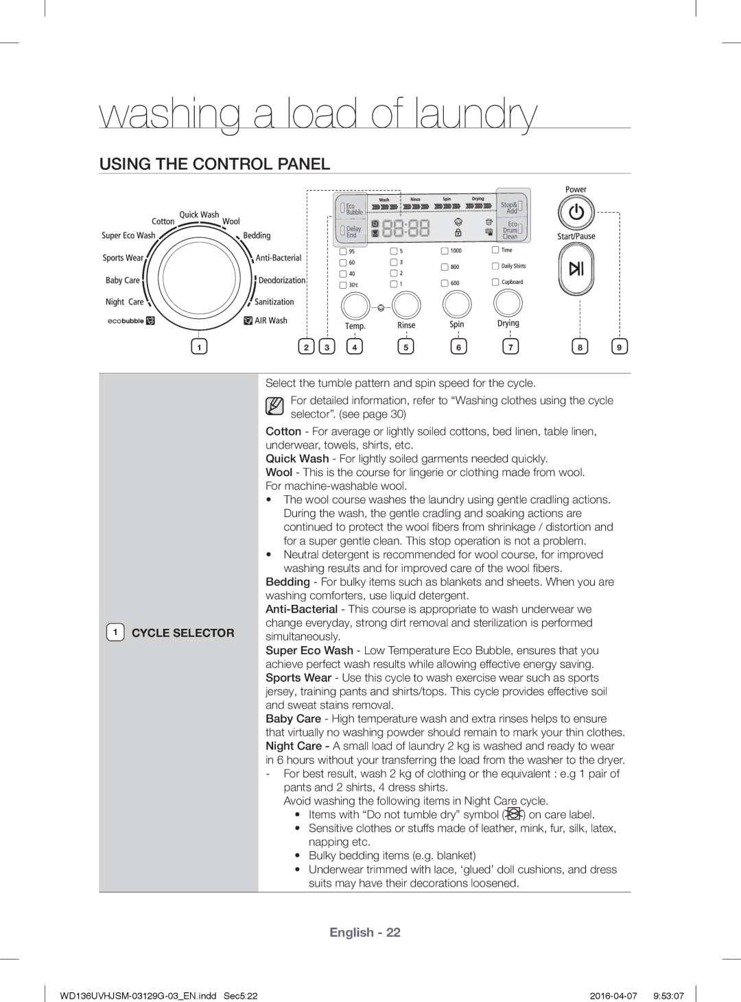 Samsung WD136UVHJSM/YL manual Using the Control Panel 