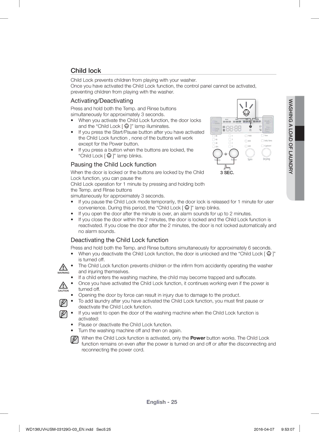 Samsung WD136UVHJSM/YL manual Child lock, Activating/Deactivating 