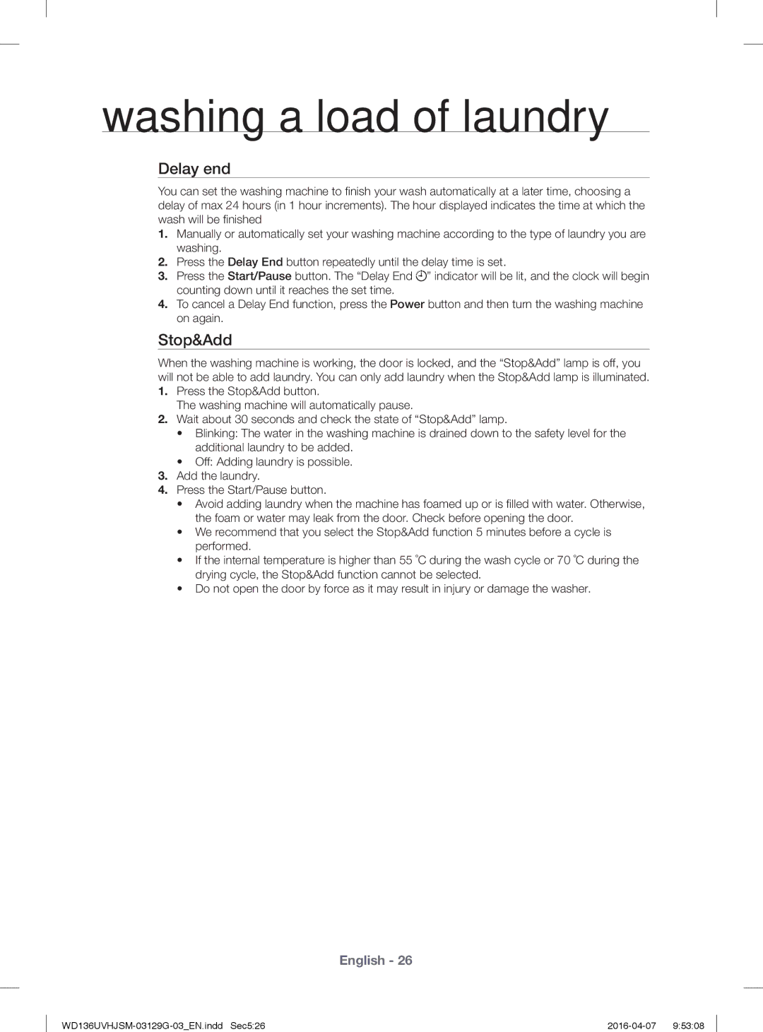 Samsung WD136UVHJSM/YL manual Delay end, Stop&Add 