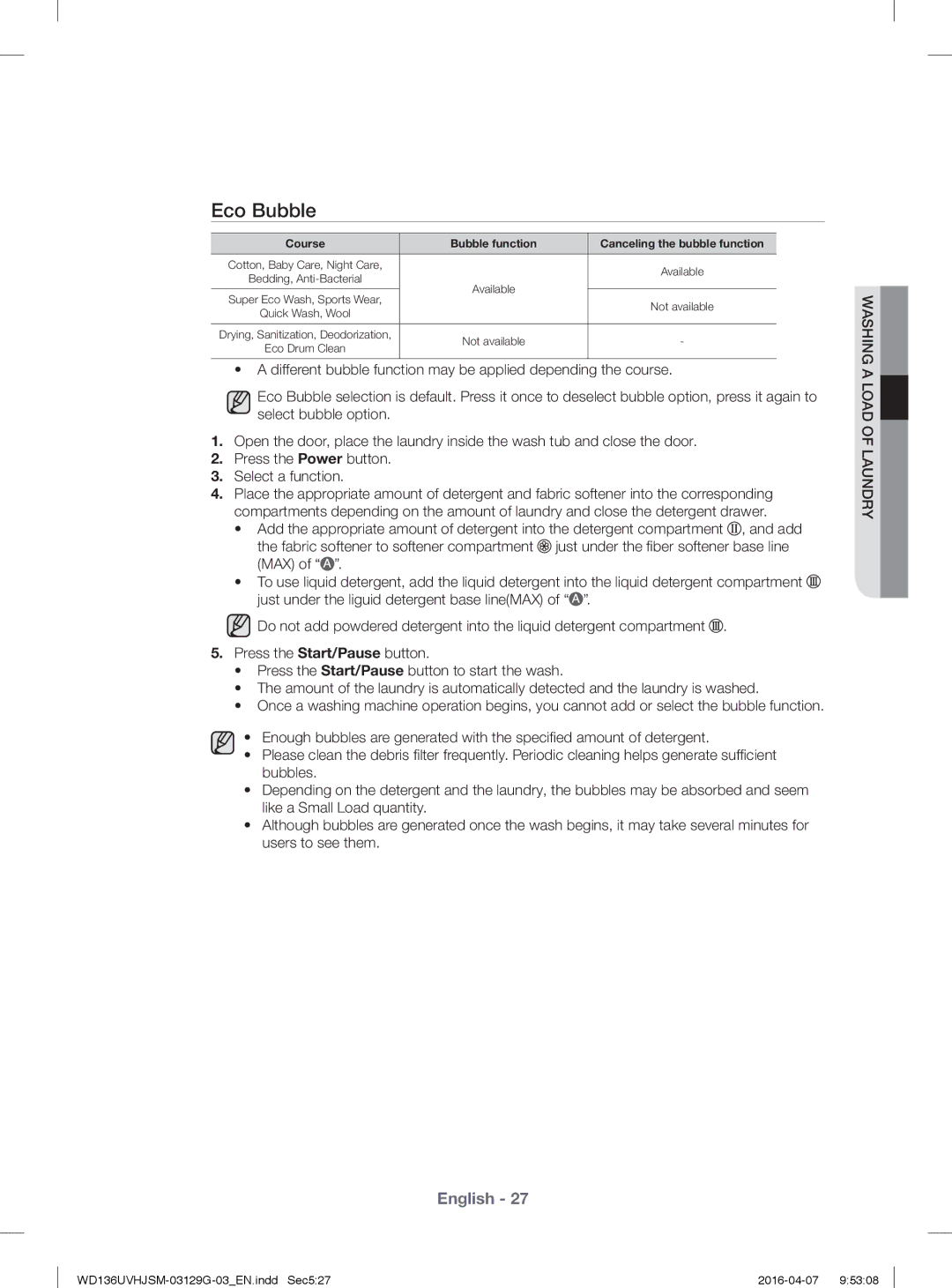 Samsung WD136UVHJSM/YL manual Eco Bubble, Course Bubble function Canceling the bubble function 