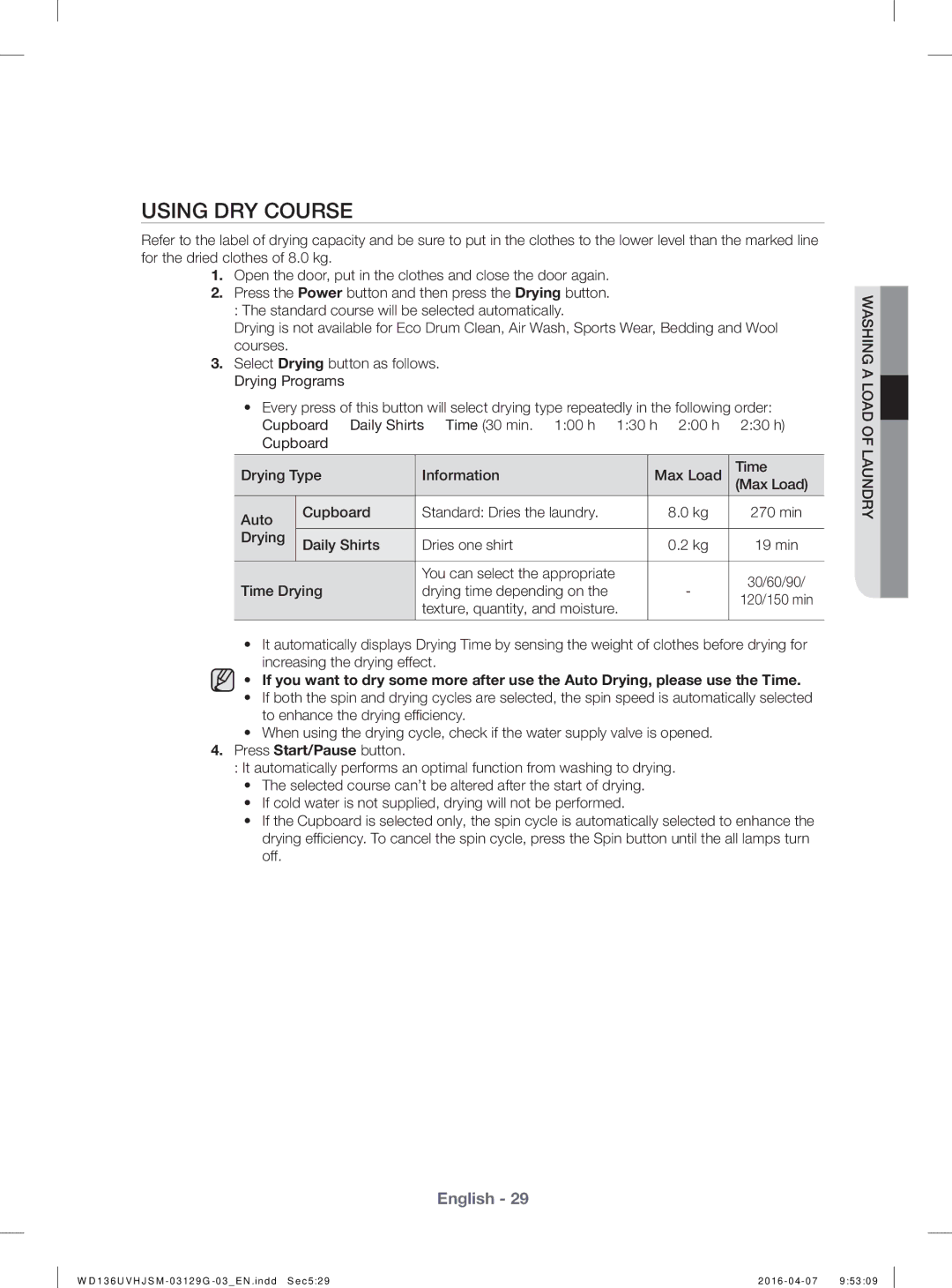 Samsung WD136UVHJSM/YL manual Using DRY Course, Drying Daily Shirts Dries one shirt, You can select the appropriate 