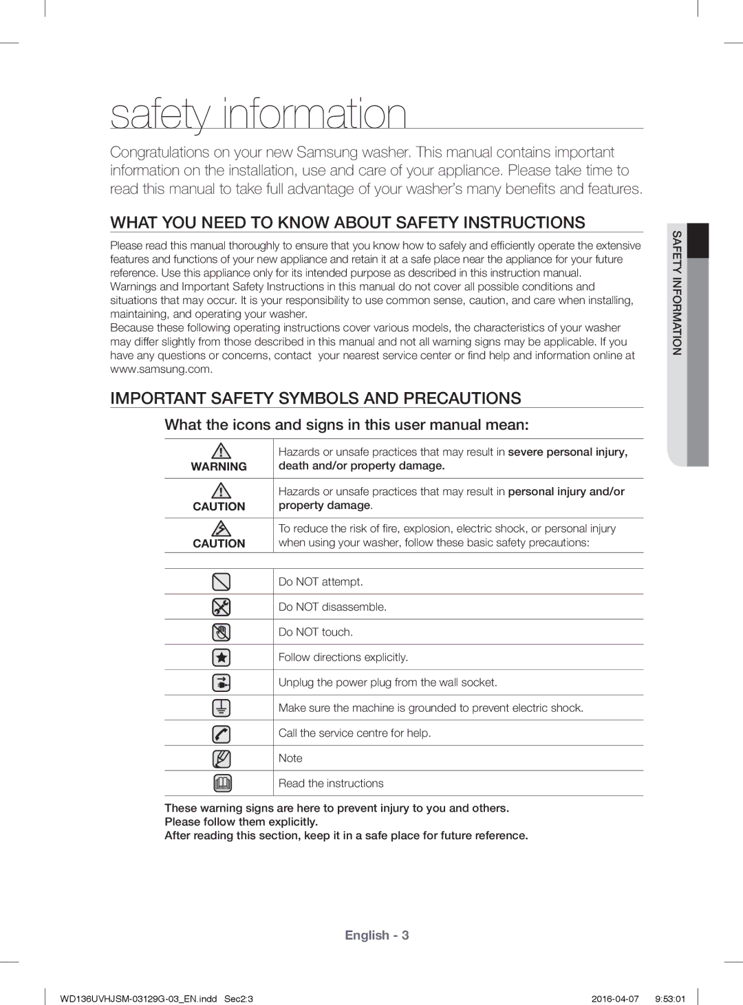 Samsung WD136UVHJSM/YL Death and/or property damage, Property damage, Do not attempt, Do not disassemble, Do not touch 