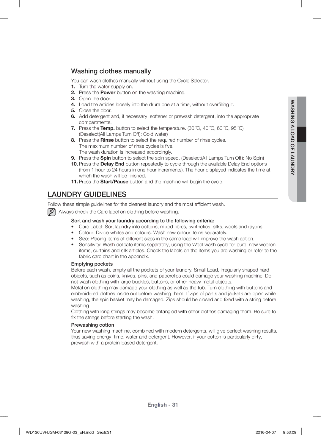 Samsung WD136UVHJSM/YL Laundry Guidelines, Washing clothes manually 