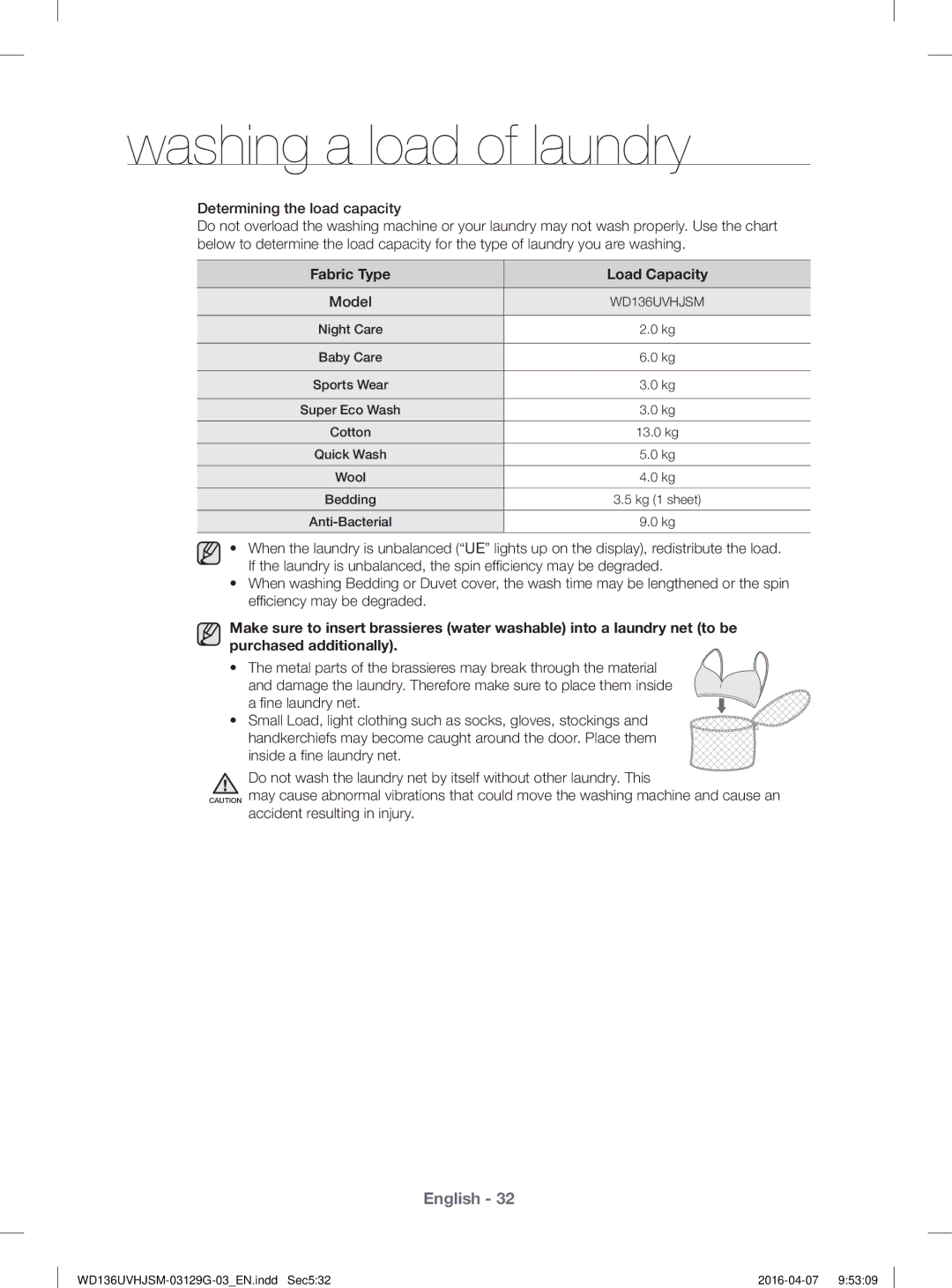 Samsung WD136UVHJSM/YL manual Fabric Type Load Capacity, Model 