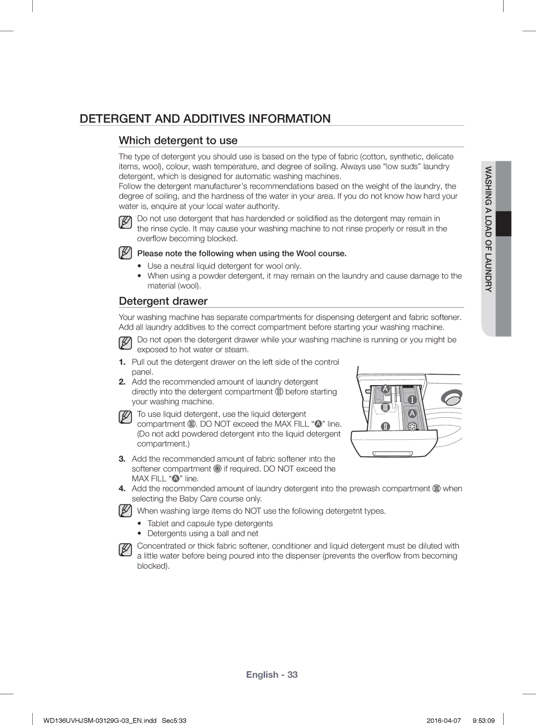 Samsung WD136UVHJSM/YL manual Detergent and Additives Information, Which detergent to use, Detergent drawer 