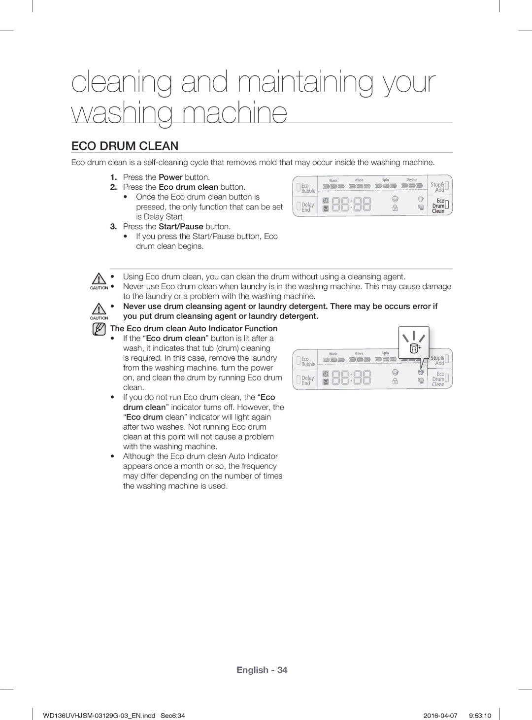 Samsung WD136UVHJSM/YL manual Cleaning and maintaining your washing machine, ECO Drum Clean 