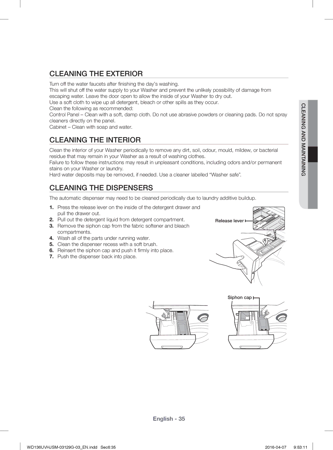 Samsung WD136UVHJSM/YL manual Cleaning the Exterior, Cleaning the Interior, Cleaning the Dispensers 