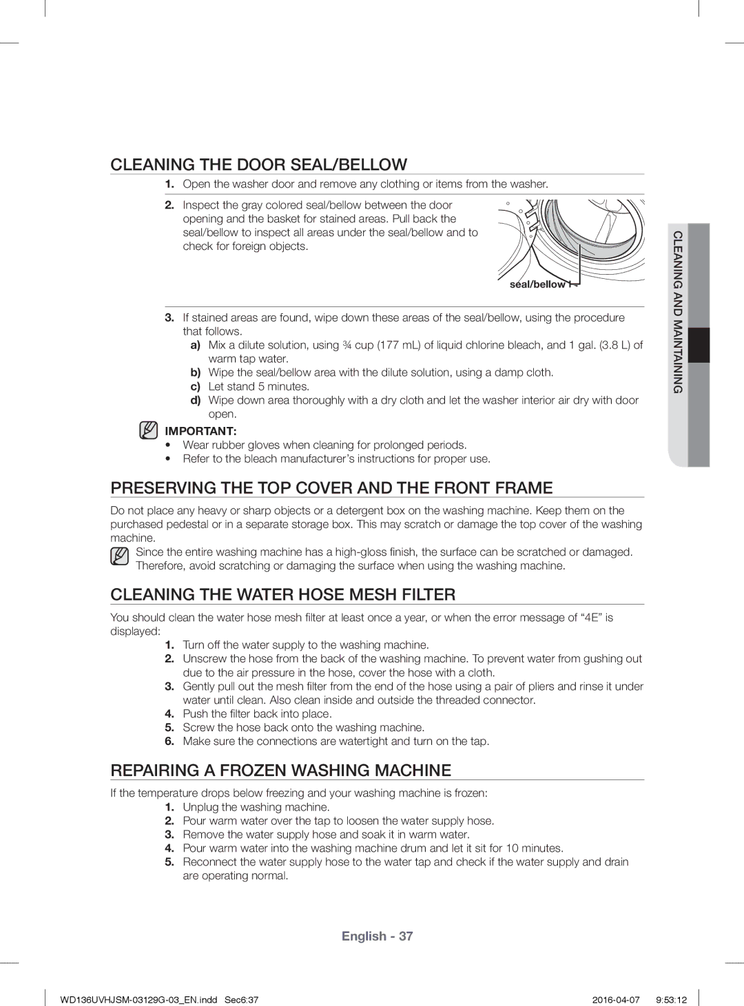 Samsung WD136UVHJSM/YL manual Cleaning the Door SEAL/BELLOW, Preserving the TOP Cover and the Front Frame 