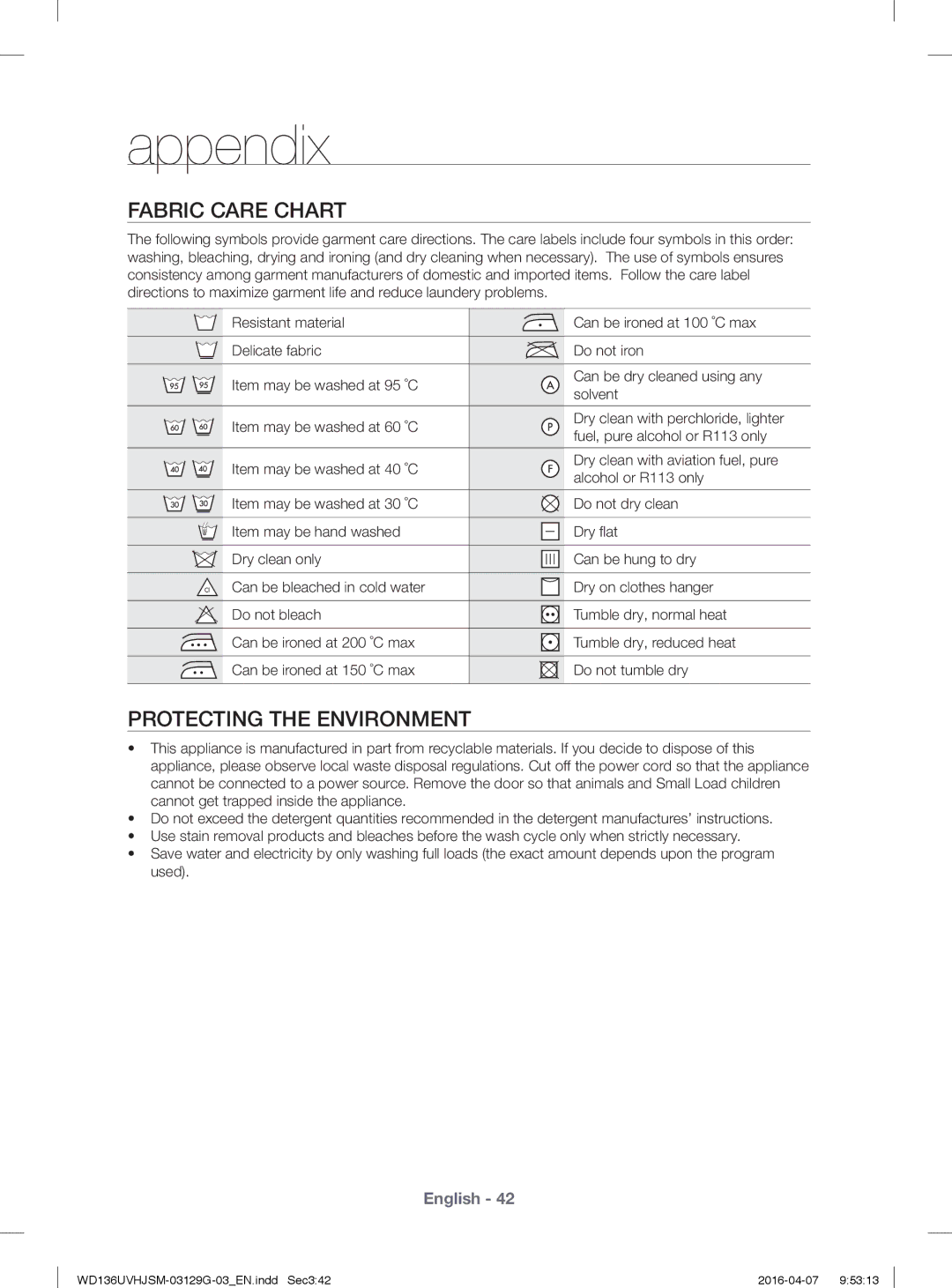 Samsung WD136UVHJSM/YL manual Fabric Care Chart, Protecting the Environment 