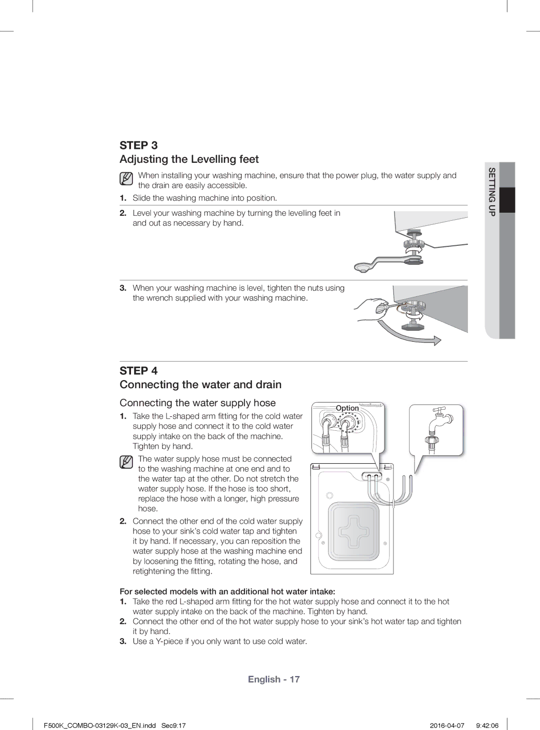 Samsung WD14F5K3ACW/YL, WD13F5K3ACW/YL manual Adjusting the Levelling feet, Connecting the water and drain 