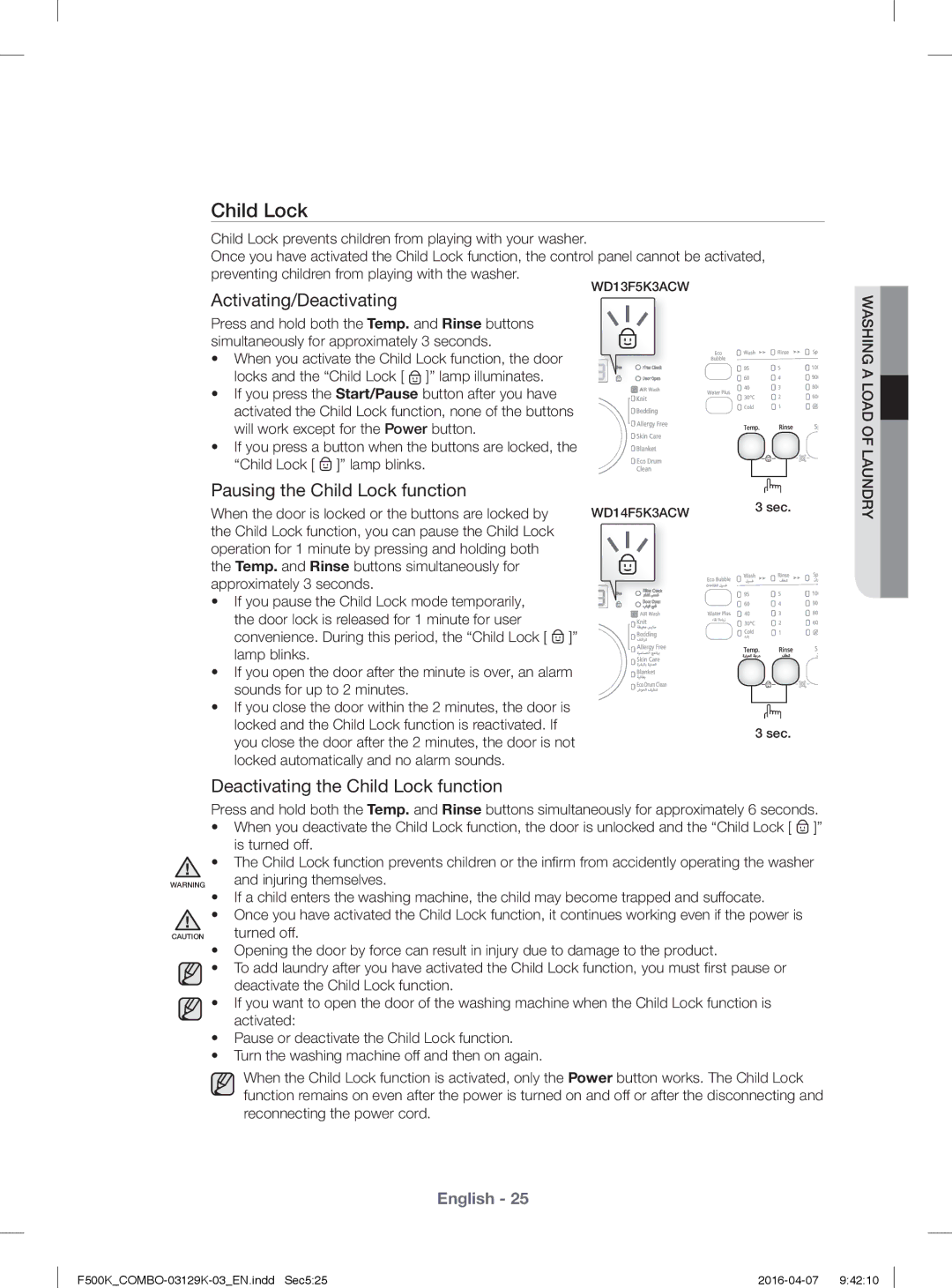 Samsung WD14F5K3ACW/YL, WD13F5K3ACW/YL manual Child Lock, Activating/Deactivating 