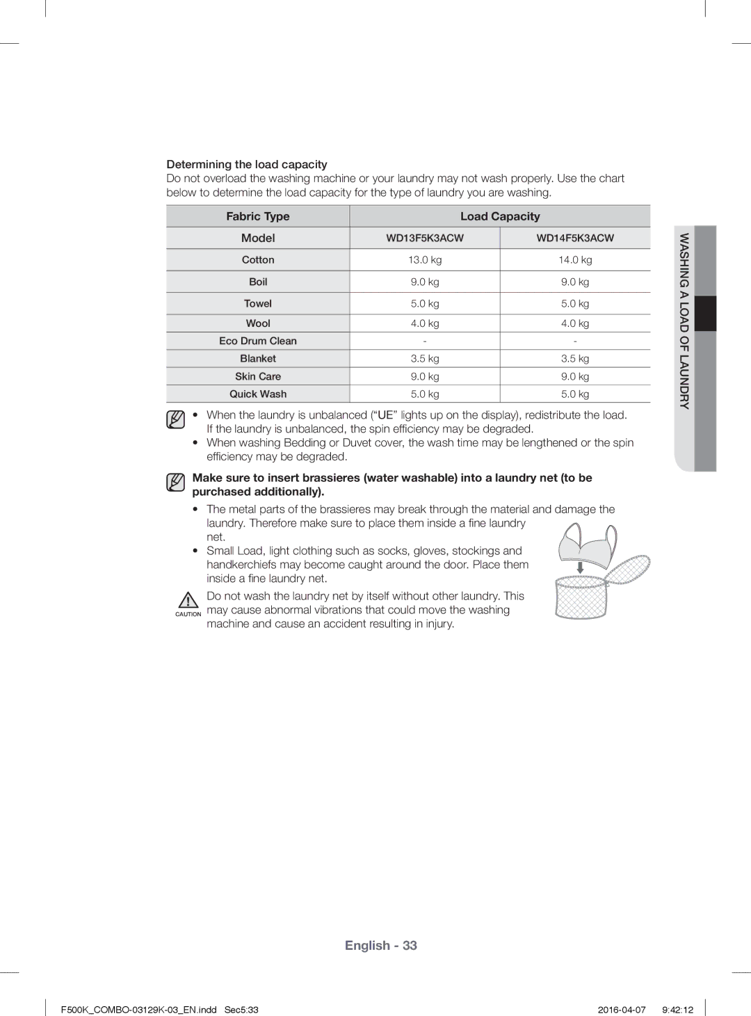 Samsung WD14F5K3ACW/YL, WD13F5K3ACW/YL manual Determining the load capacity, Fabric Type Load Capacity 