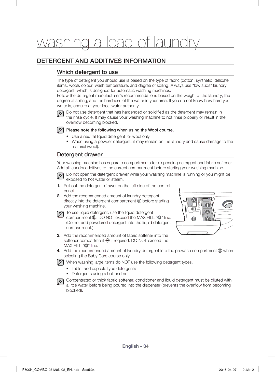 Samsung WD13F5K3ACW/YL, WD14F5K3ACW/YL manual Detergent and Additives Information, Which detergent to use, Detergent drawer 