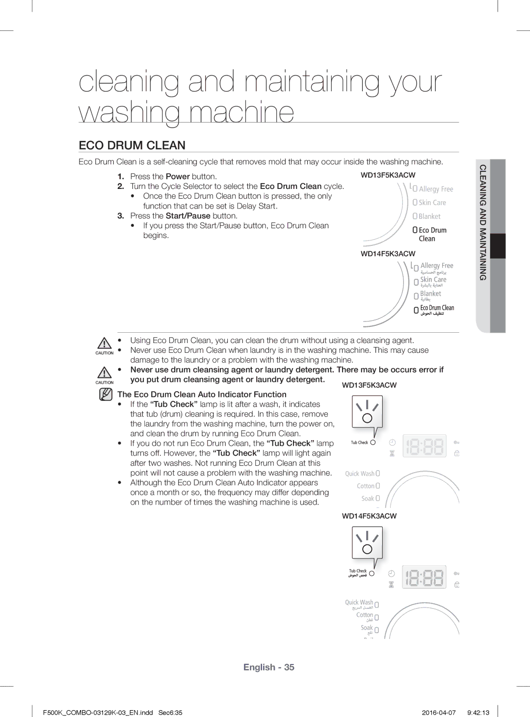 Samsung WD14F5K3ACW/YL, WD13F5K3ACW/YL manual ECO Drum Clean, Press the Power button, Eco Drum Clean Auto Indicator Function 