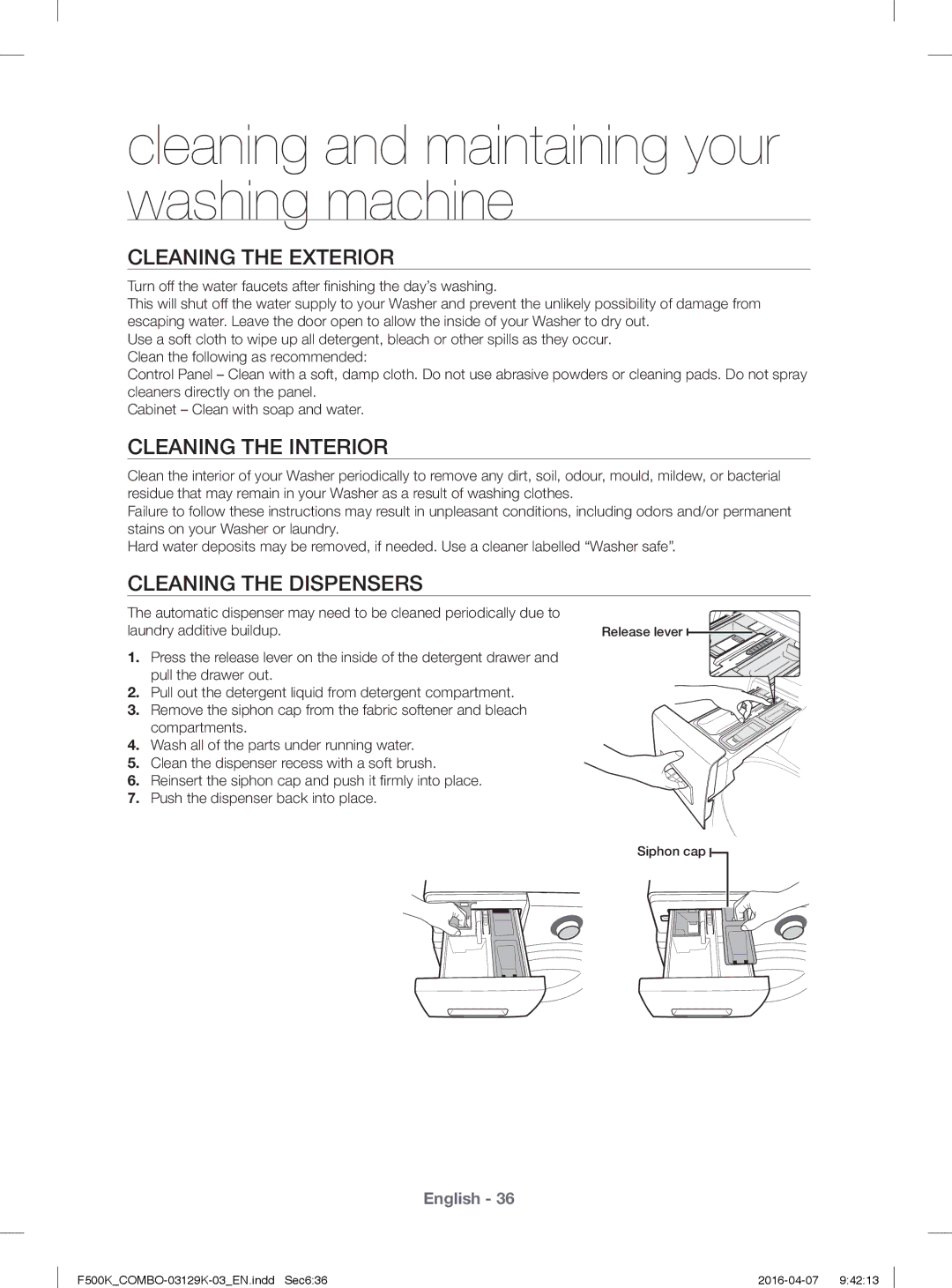 Samsung WD13F5K3ACW/YL Cleaning the Exterior, Cleaning the Interior, Cleaning the Dispensers, Laundry additive buildup 