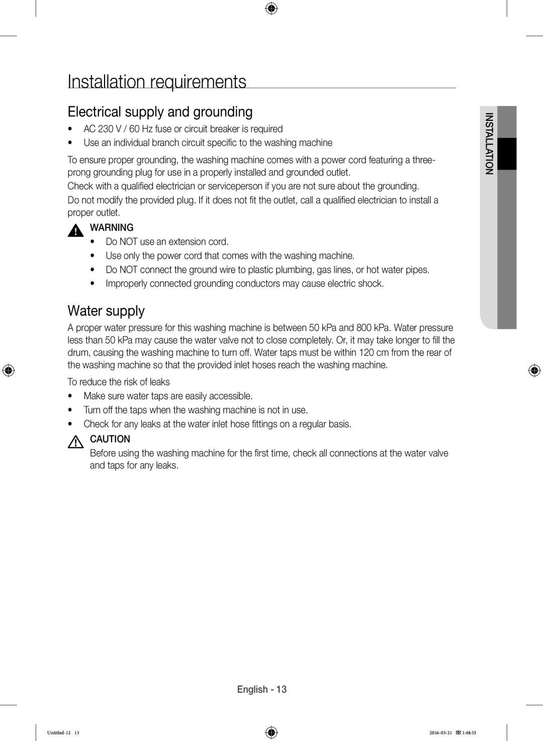 Samsung WD14F5K5ASV/YL manual Installation requirements, Electrical supply and grounding, Water supply 