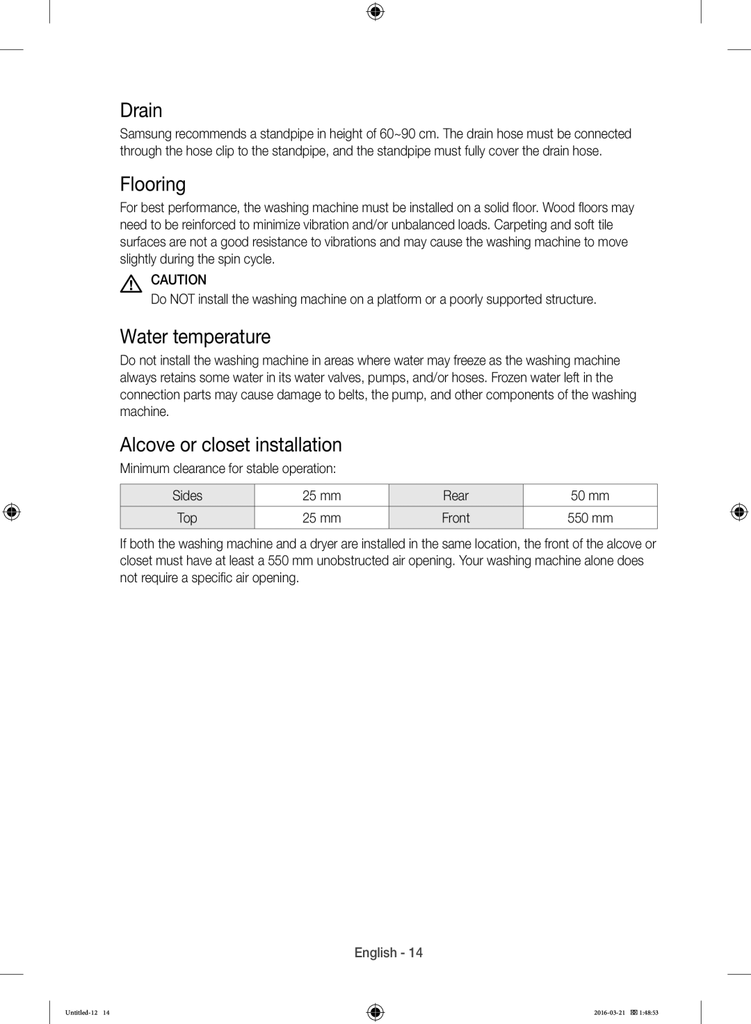 Samsung WD14F5K5ASV/YL manual Drain, Flooring, Water temperature, Alcove or closet installation 