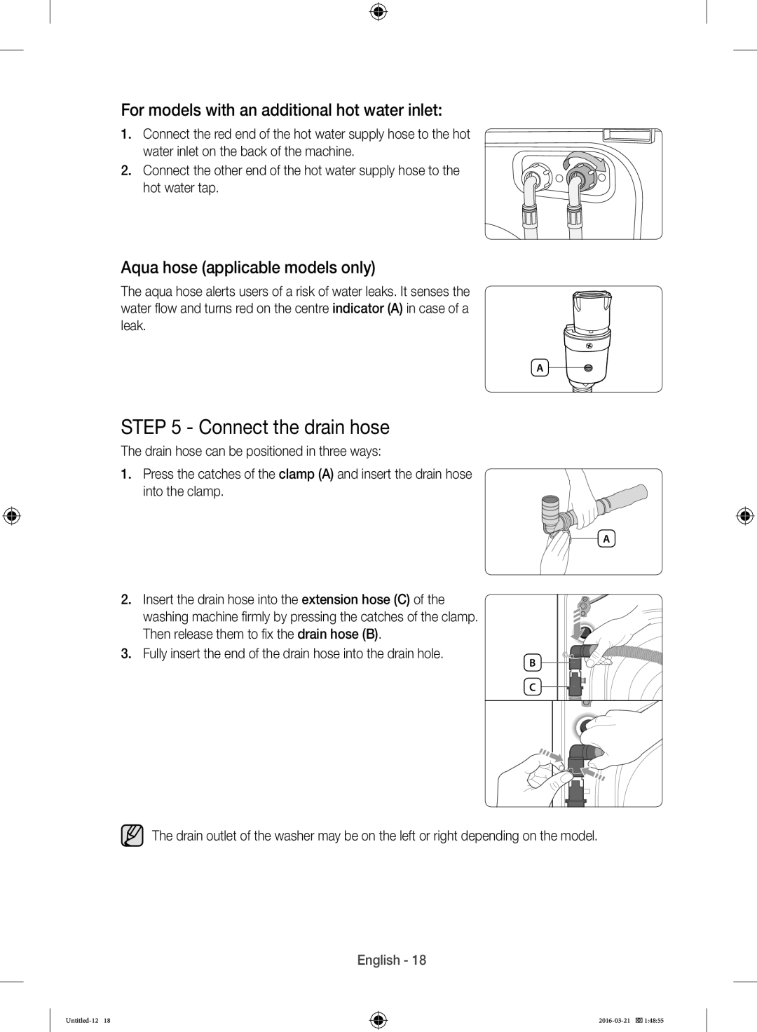 Samsung WD14F5K5ASV/YL manual Connect the drain hose, For models with an additional hot water inlet 